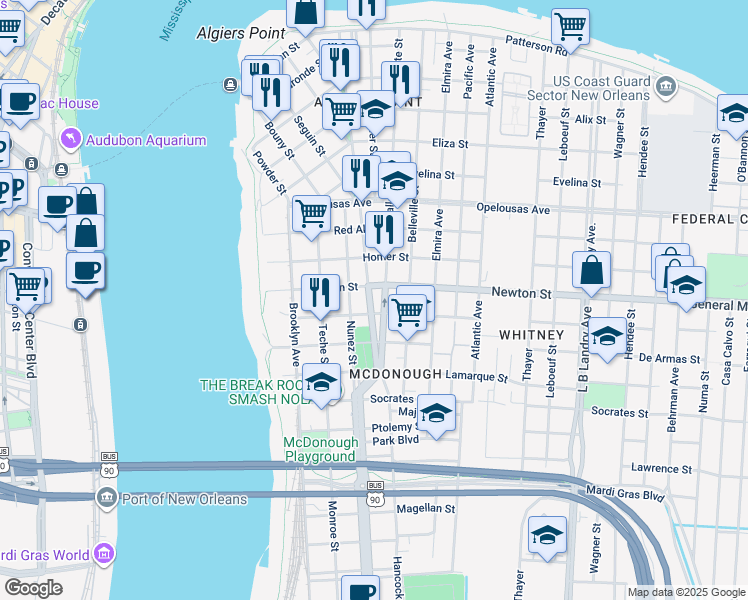 map of restaurants, bars, coffee shops, grocery stores, and more near 1040 Vallette Street in New Orleans