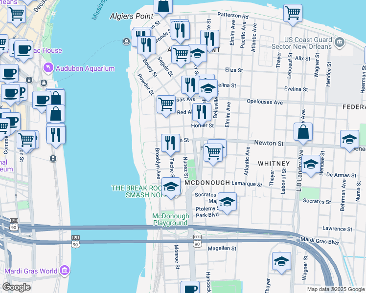 map of restaurants, bars, coffee shops, grocery stores, and more near 1039 Nunez Street in New Orleans