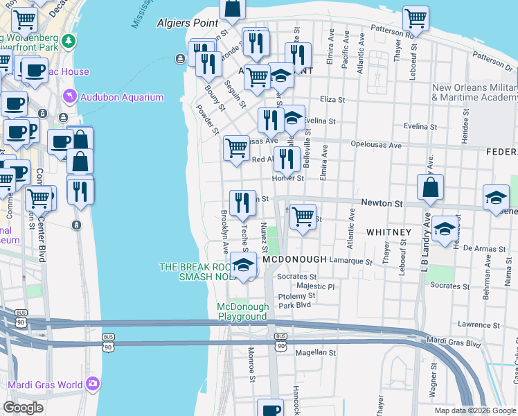 map of restaurants, bars, coffee shops, grocery stores, and more near 1039 Nunez Street in New Orleans