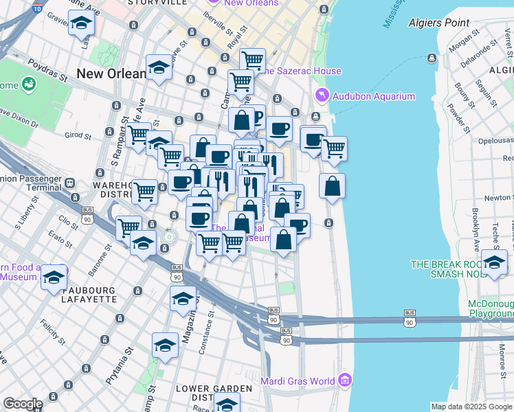 map of restaurants, bars, coffee shops, grocery stores, and more near 800 Tchoupitoulas Street in New Orleans
