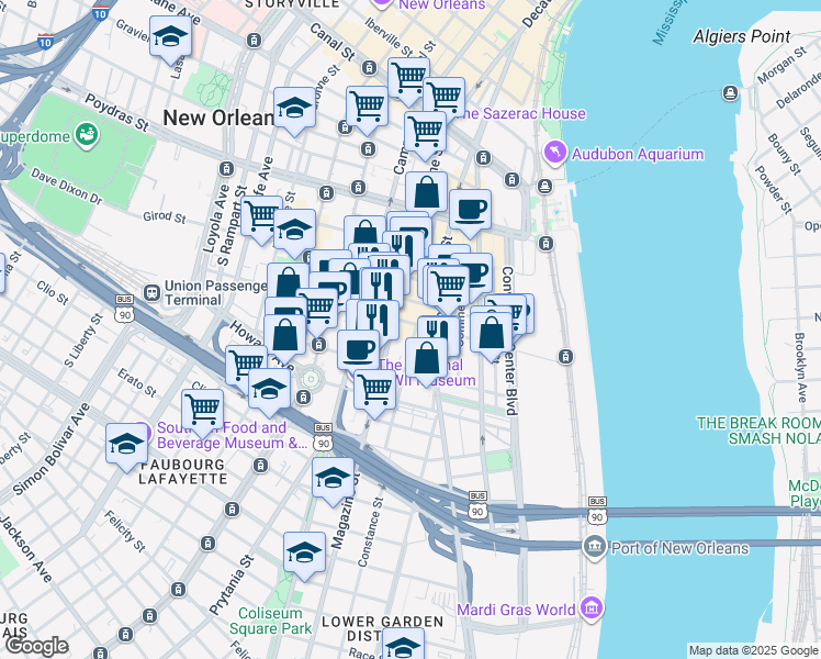 map of restaurants, bars, coffee shops, grocery stores, and more near 817 Constance Street in New Orleans
