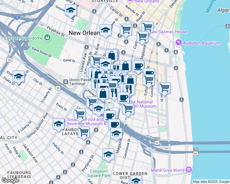 map of restaurants, bars, coffee shops, grocery stores, and more near in New Orleans