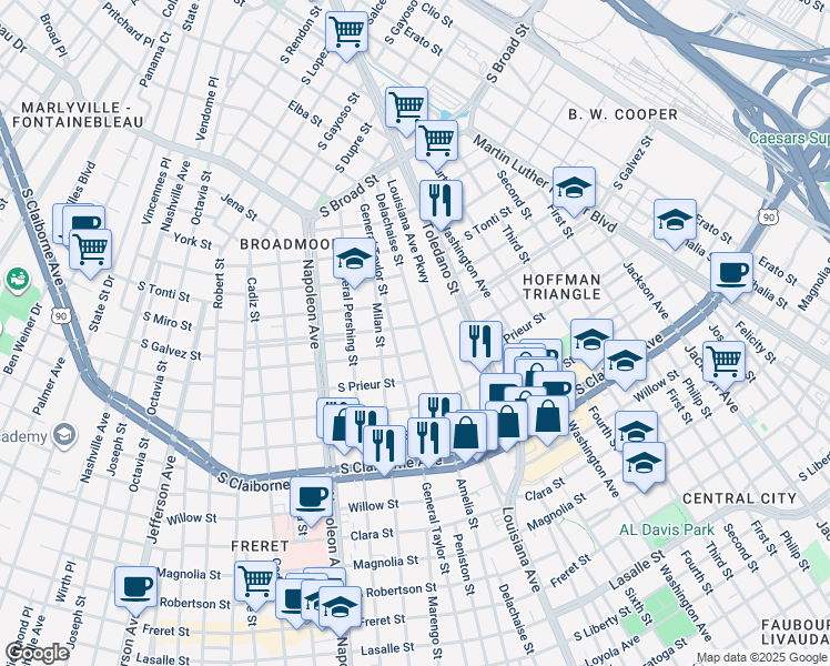 map of restaurants, bars, coffee shops, grocery stores, and more near 3719 South Johnson Street in New Orleans