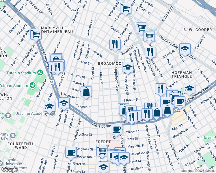 map of restaurants, bars, coffee shops, grocery stores, and more near 4444 South Galvez Street in New Orleans