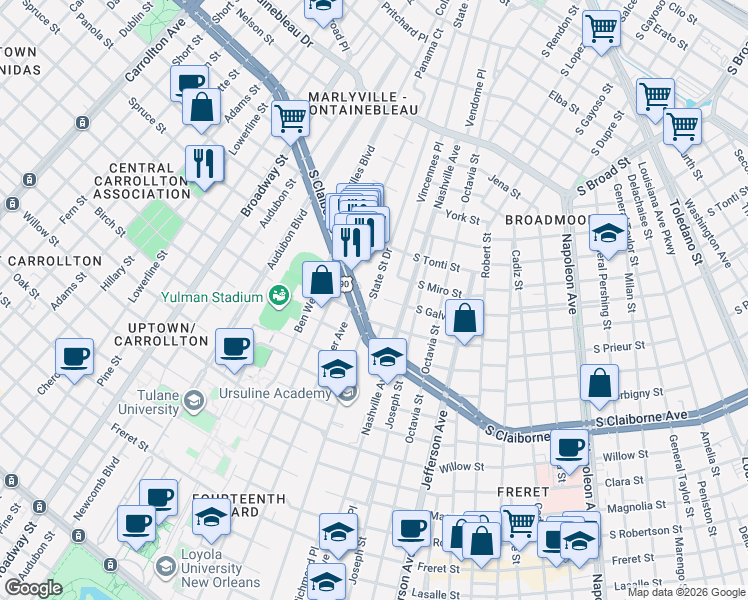 map of restaurants, bars, coffee shops, grocery stores, and more near 3111 State Street Drive in New Orleans