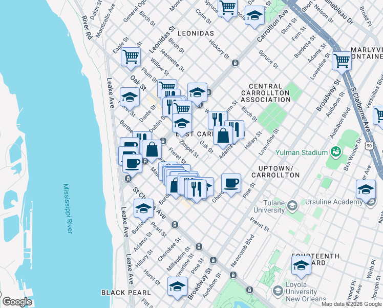 map of restaurants, bars, coffee shops, grocery stores, and more near 7825 Freret Street in New Orleans