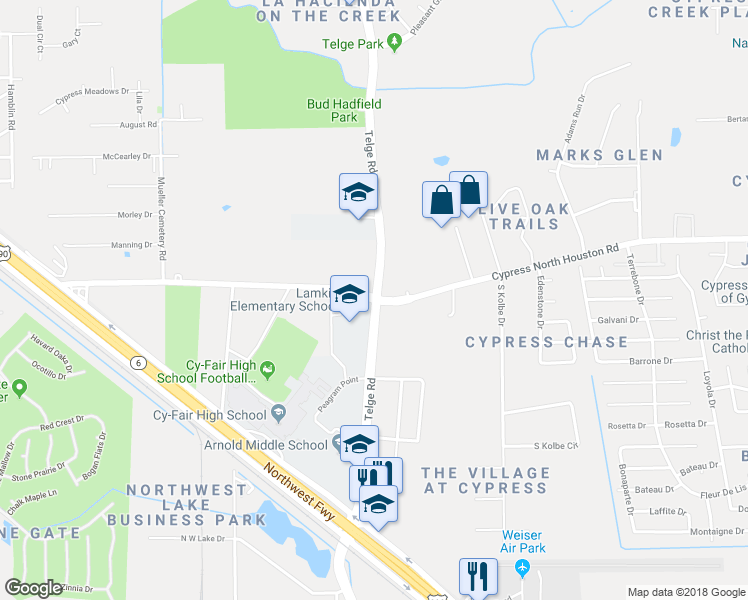 map of restaurants, bars, coffee shops, grocery stores, and more near 15003 Cypress North Houston Road in Cypress