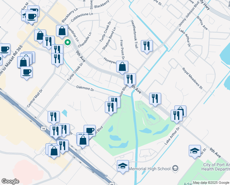 map of restaurants, bars, coffee shops, grocery stores, and more near 3601 Jimmy Johnson Boulevard in Port Arthur