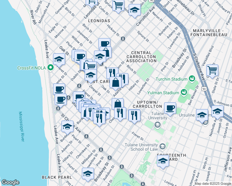 map of restaurants, bars, coffee shops, grocery stores, and more near 822 Perdido Street in New Orleans