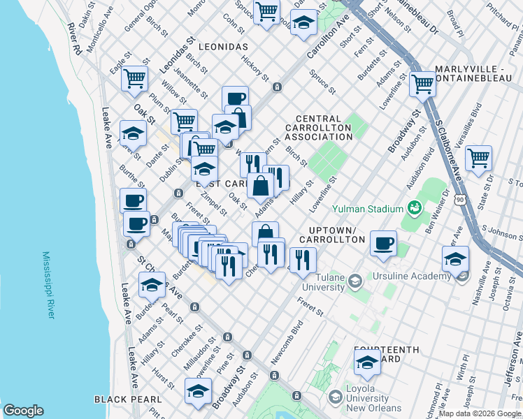 map of restaurants, bars, coffee shops, grocery stores, and more near in New Orleans