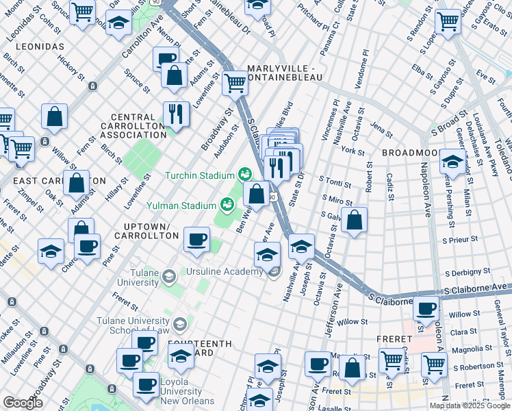 map of restaurants, bars, coffee shops, grocery stores, and more near 6326 South Johnson Street in New Orleans