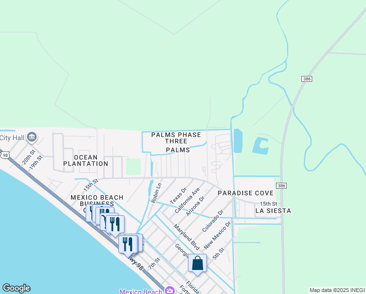 map of restaurants, bars, coffee shops, grocery stores, and more near 1008 Steve's Ln in Mexico Beach