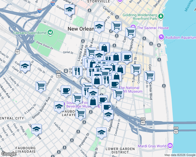map of restaurants, bars, coffee shops, grocery stores, and more near 800 Saint Joseph Street in New Orleans