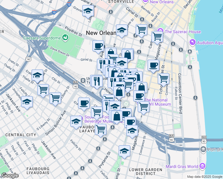 map of restaurants, bars, coffee shops, grocery stores, and more near 1018 Baronne Street in New Orleans