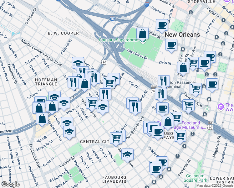 map of restaurants, bars, coffee shops, grocery stores, and more near 2604 Martin Luther King Junior Boulevard in New Orleans