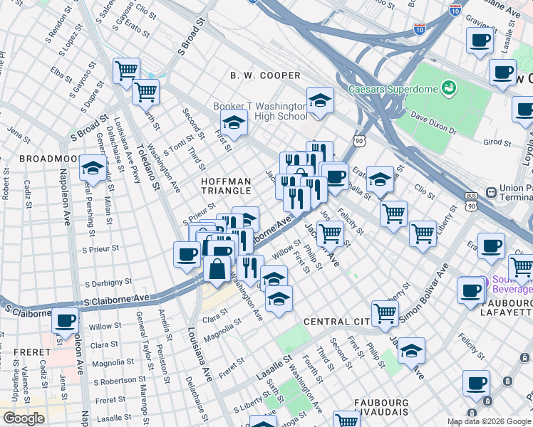 map of restaurants, bars, coffee shops, grocery stores, and more near 2411 South Claiborne Avenue in New Orleans