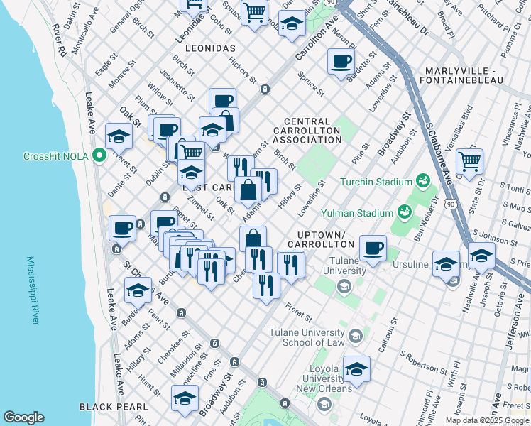map of restaurants, bars, coffee shops, grocery stores, and more near 7537 Plum Street in New Orleans