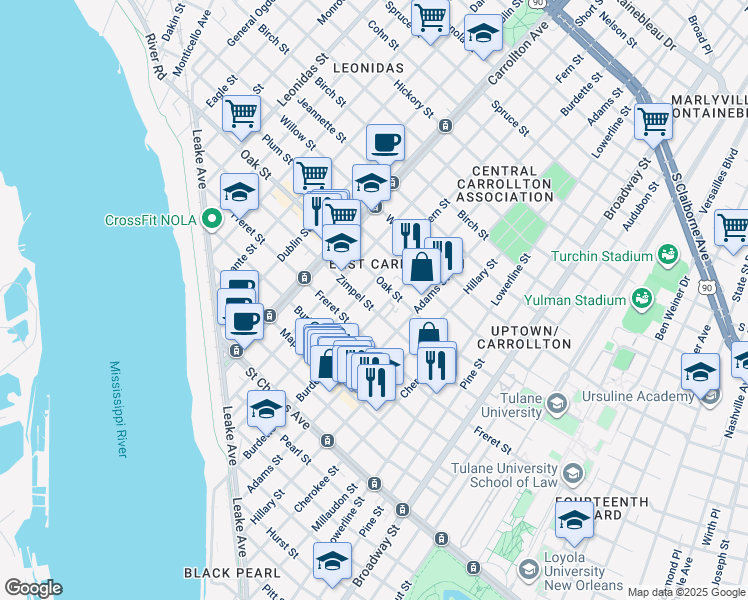 map of restaurants, bars, coffee shops, grocery stores, and more near 7719 Zimple Street in New Orleans