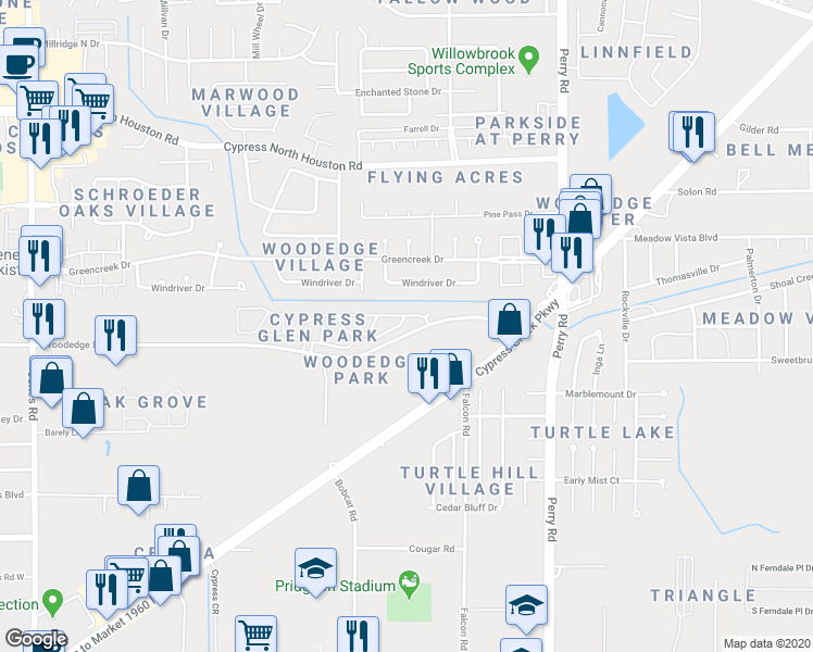 map of restaurants, bars, coffee shops, grocery stores, and more near 10225 Woodedge Drive in Houston
