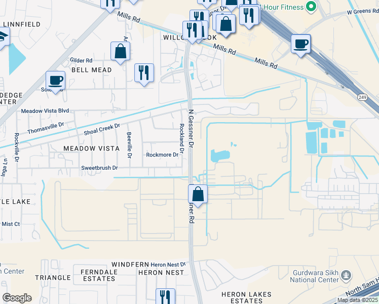 map of restaurants, bars, coffee shops, grocery stores, and more near 9515 North Gessner Drive in Houston