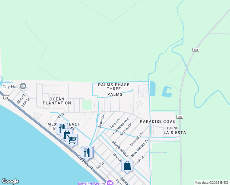 map of restaurants, bars, coffee shops, grocery stores, and more near 1008 Steve's Ln in Mexico Beach