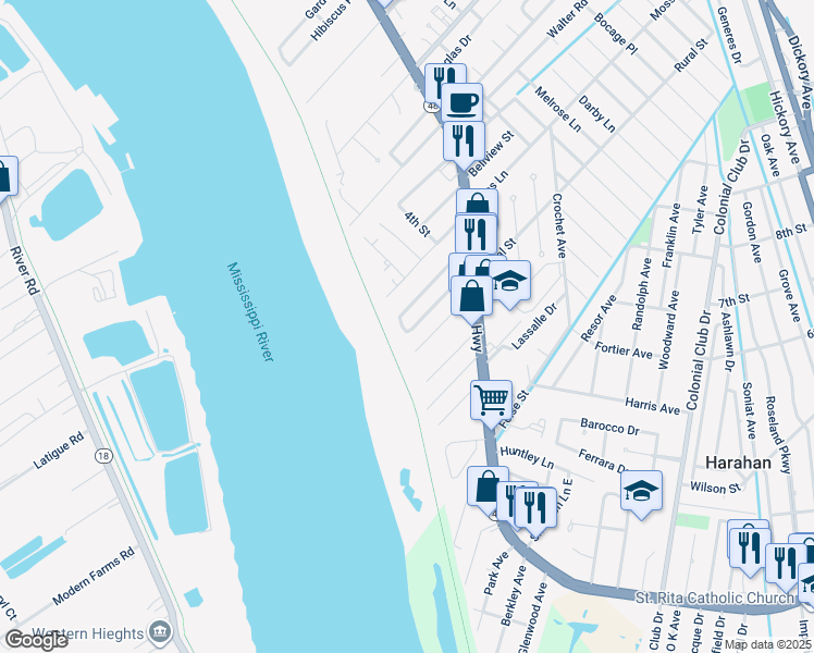 map of restaurants, bars, coffee shops, grocery stores, and more near 101 Hazel Drive in River Ridge