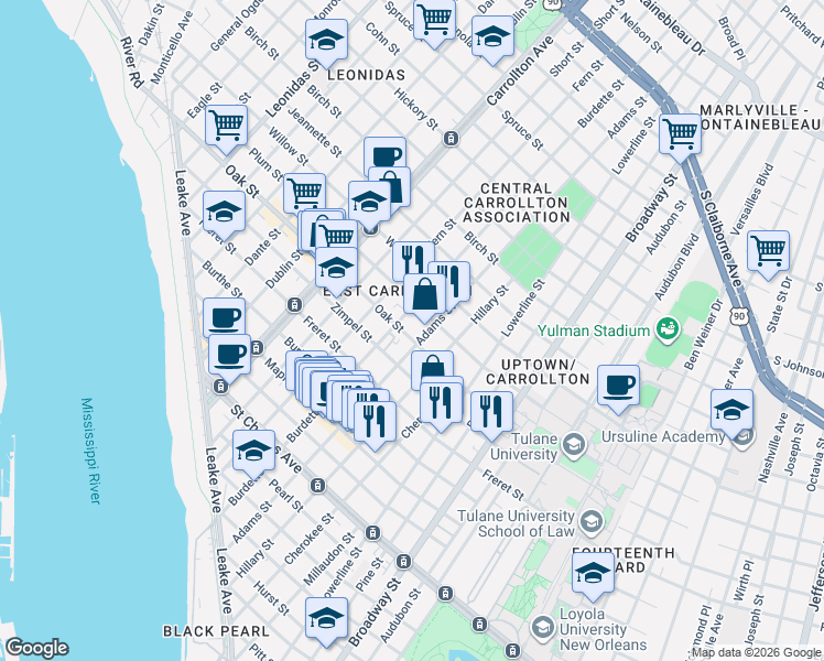 map of restaurants, bars, coffee shops, grocery stores, and more near in New Orleans