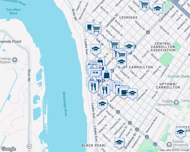 map of restaurants, bars, coffee shops, grocery stores, and more near 714 South Carrollton Avenue in New Orleans