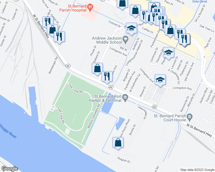 map of restaurants, bars, coffee shops, grocery stores, and more near 8149 West Street Bernard Highway in Chalmette