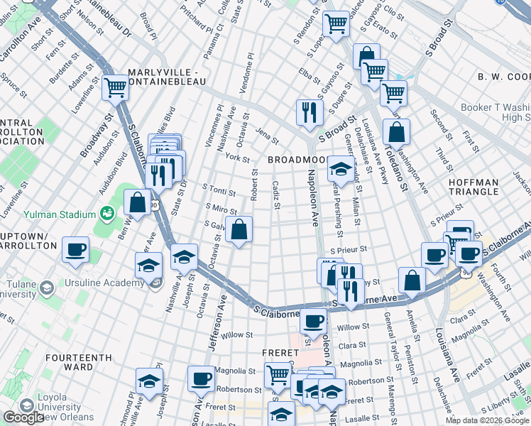 map of restaurants, bars, coffee shops, grocery stores, and more near 4600 South Galvez Street in New Orleans