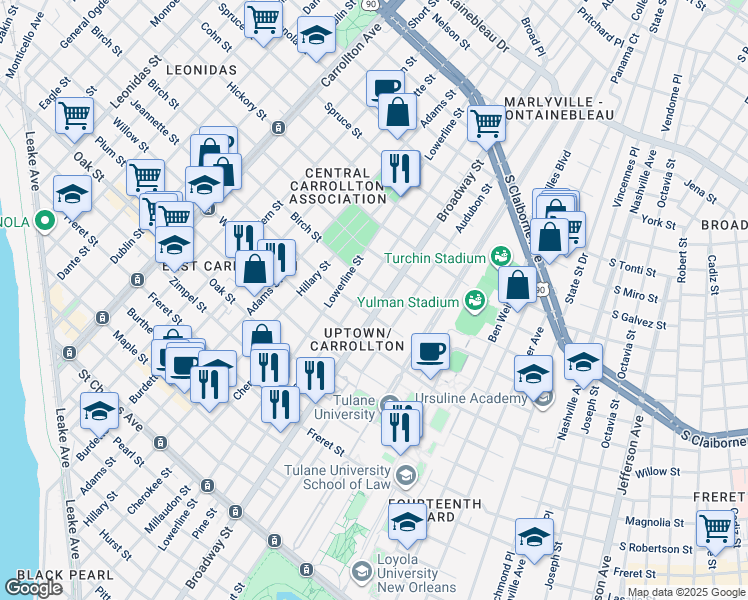 map of restaurants, bars, coffee shops, grocery stores, and more near 1432 Broadway Street in New Orleans
