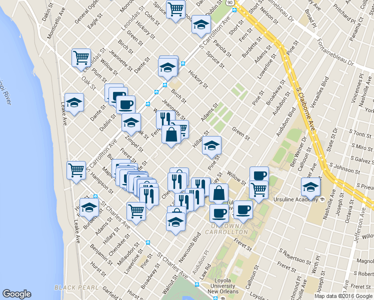 map of restaurants, bars, coffee shops, grocery stores, and more near 7537 Plum Street in New Orleans