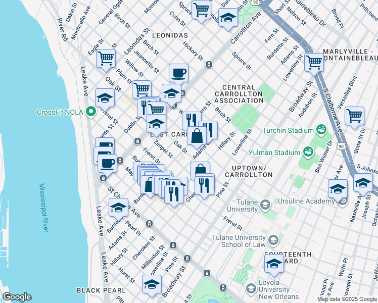 map of restaurants, bars, coffee shops, grocery stores, and more near 7719 Zimple Street in New Orleans