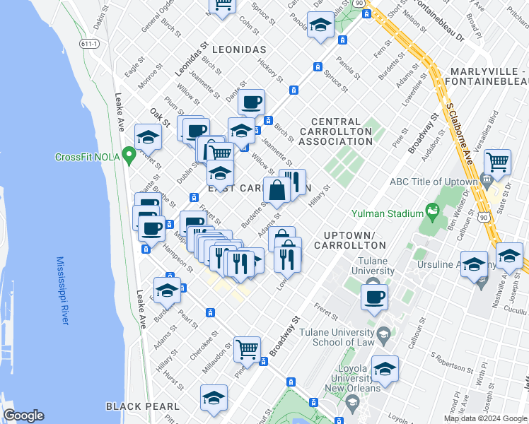 map of restaurants, bars, coffee shops, grocery stores, and more near 7719 Zimple Street in New Orleans