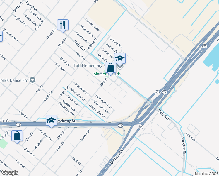 map of restaurants, bars, coffee shops, grocery stores, and more near 2410 Postoak Lane in Groves