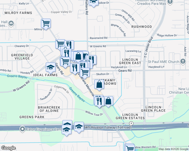 map of restaurants, bars, coffee shops, grocery stores, and more near 2811 Ashington Drive in Houston