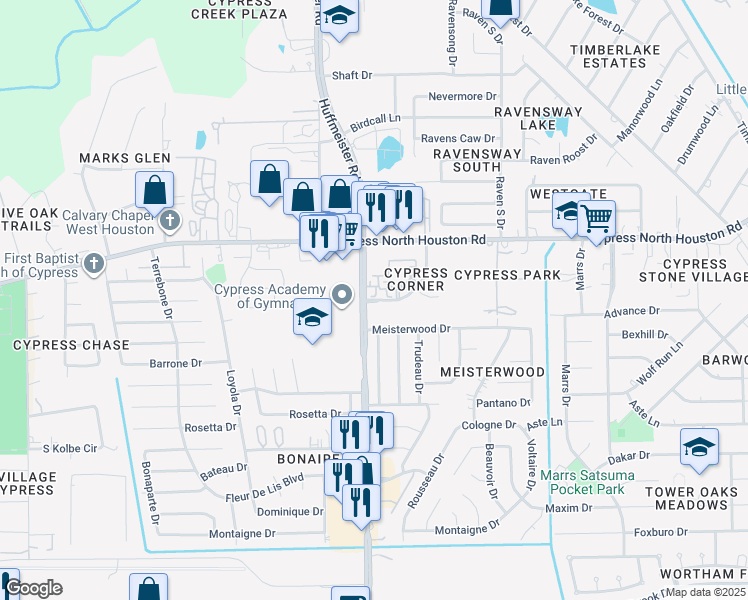 map of restaurants, bars, coffee shops, grocery stores, and more near 13726 Meisterwood Drive in Houston