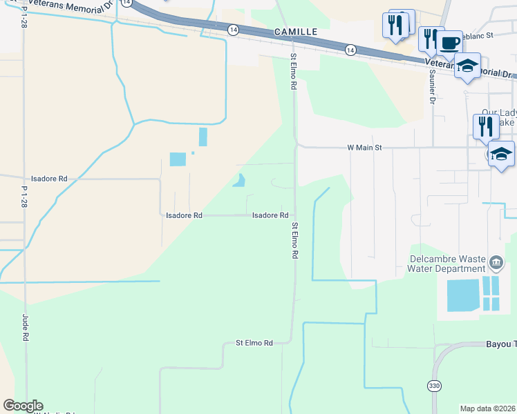 map of restaurants, bars, coffee shops, grocery stores, and more near 2106 Isadore Road in Erath