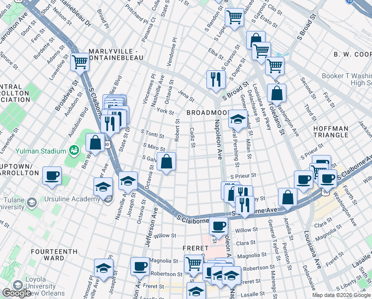 map of restaurants, bars, coffee shops, grocery stores, and more near 4600 South Galvez Street in New Orleans