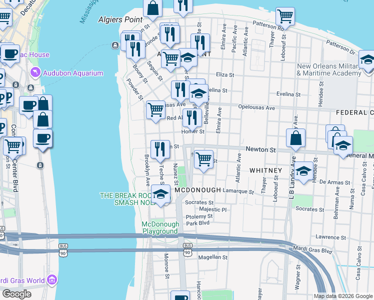 map of restaurants, bars, coffee shops, grocery stores, and more near 1010 Verret Street in New Orleans