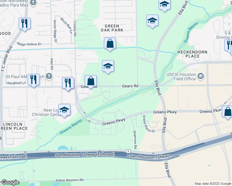 map of restaurants, bars, coffee shops, grocery stores, and more near 1333 Gears Road in Houston
