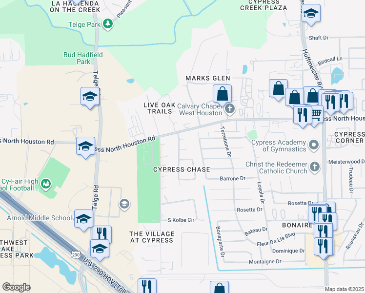 map of restaurants, bars, coffee shops, grocery stores, and more near 14414 Avery Brooke Lane in Cypress