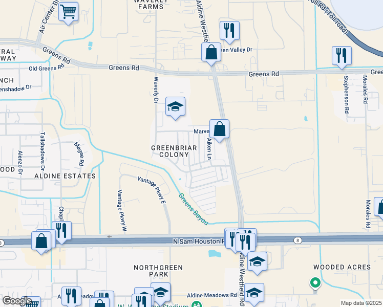 map of restaurants, bars, coffee shops, grocery stores, and more near 15534 Weldon Drive in Houston