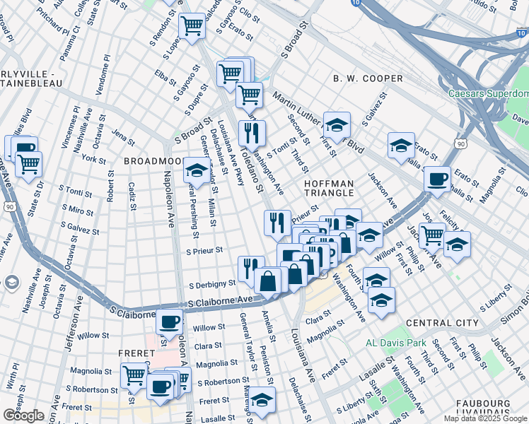 map of restaurants, bars, coffee shops, grocery stores, and more near in New Orleans