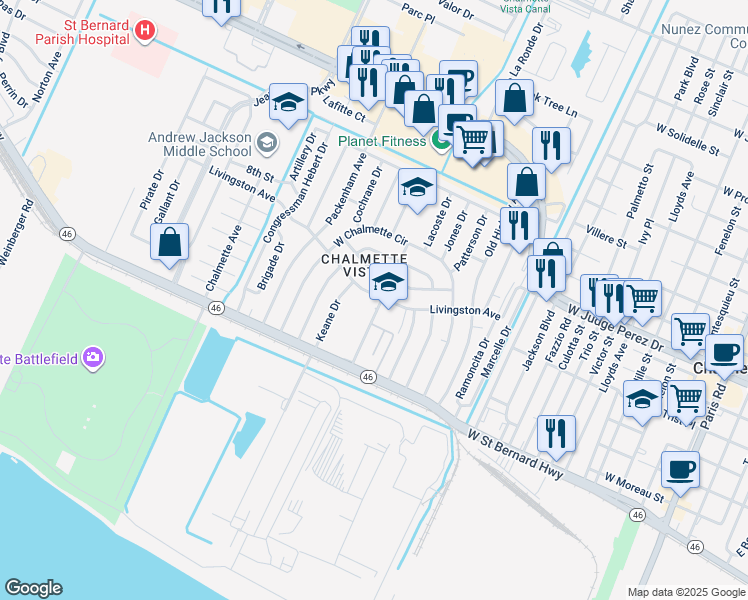 map of restaurants, bars, coffee shops, grocery stores, and more near 8709 West Livingston Avenue in Chalmette