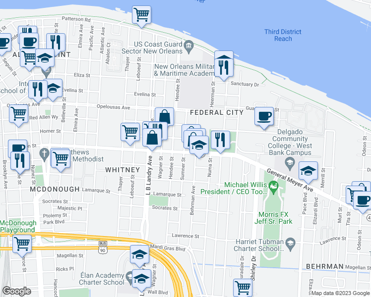 map of restaurants, bars, coffee shops, grocery stores, and more near 844 Sumner Street in New Orleans