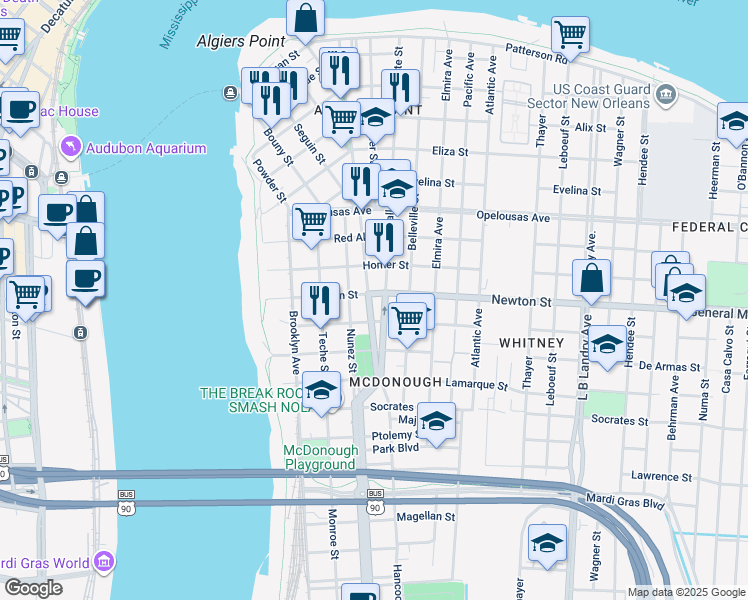 map of restaurants, bars, coffee shops, grocery stores, and more near 931 Vallette Street in New Orleans