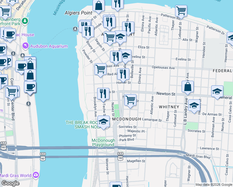 map of restaurants, bars, coffee shops, grocery stores, and more near 920 Nunez Street in New Orleans