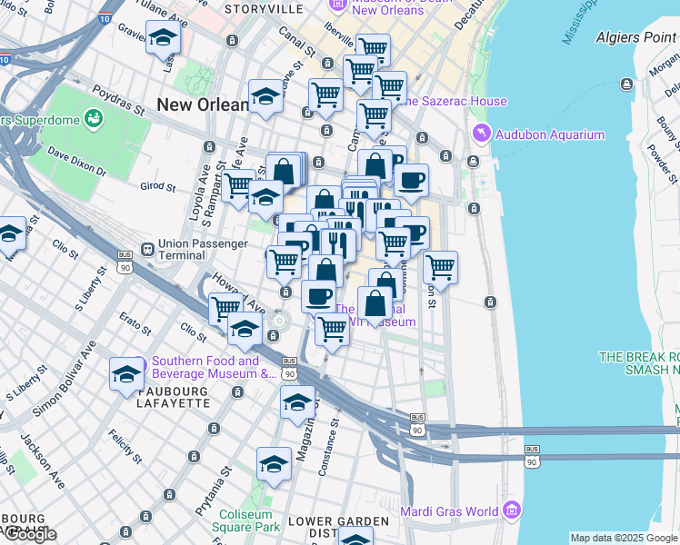 map of restaurants, bars, coffee shops, grocery stores, and more near 729 Magazine Street in New Orleans