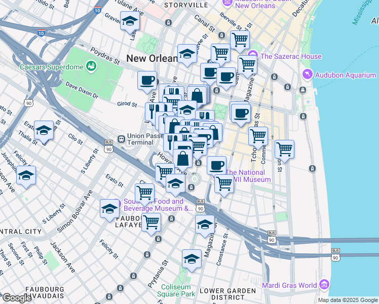 map of restaurants, bars, coffee shops, grocery stores, and more near 29114 Julia Street in New Orleans